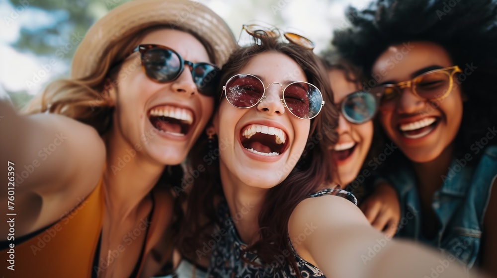 Group of young friends taking a laughing selfie together in nature