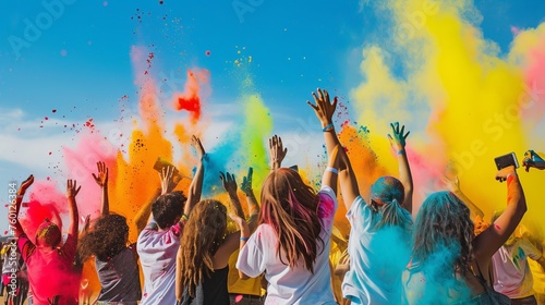 Picture depicts people gleefully tossing handfuls of colorful powder at a spirited outdoor festival