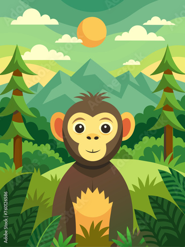 A lonely monkey sits on a branch overlooking a vast and verdant landscape.