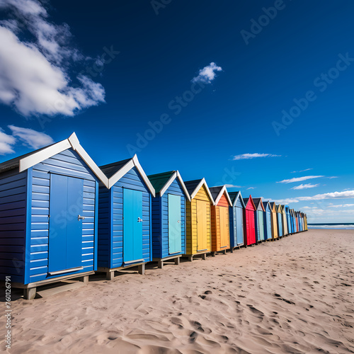 A row of colorful beach huts against a blue sky.  © Cao