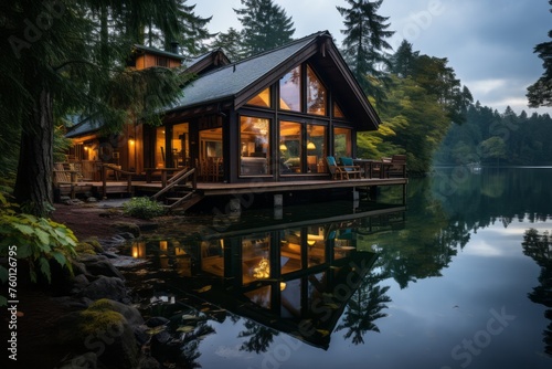 A log cabin by the lake amidst trees, blending with the natural landscape