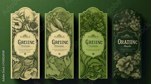 Set of four intricately designed vintage herbal product labels with different plant motifs