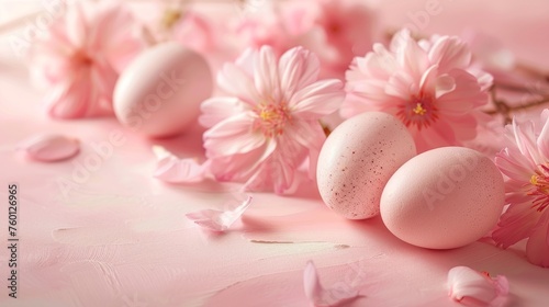 Several pink eggs and flowers are arranged on a soft pink background. The delicate petals of the flowers contrast with the smooth surface of the eggs, creating a visually appealing composition