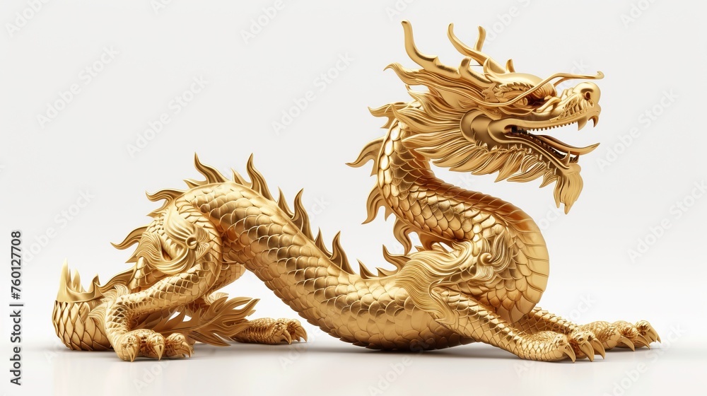 This image presents an elegant 3D rendered golden Chinese dragon in a side profile, capturing the essence of traditional Asian art
