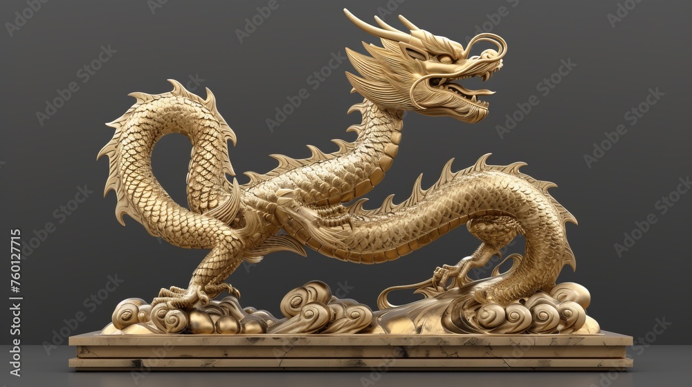 This detailed image showcases a majestic golden dragon statue with intricate scales and features rising powerfully on a stand This detailed image showcases a majestic golden dragon statue with intricate scales and features rising powerfully on a stand