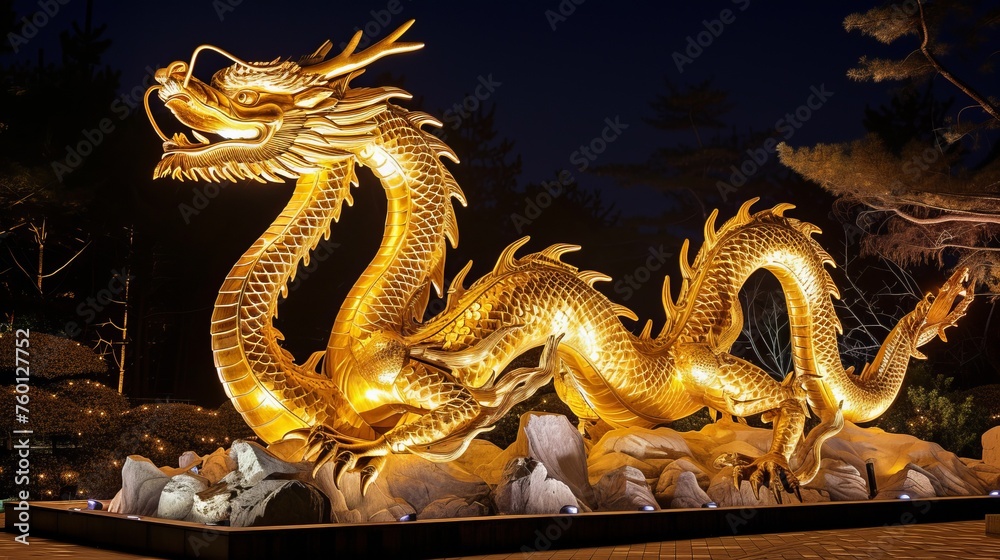 Fototapeta premium An impressive golden dragon sculpture winding its way through a rocky landscape, highlighted against the night sky