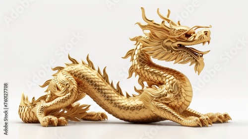 This image presents an elegant 3D rendered golden Chinese dragon in a side profile  capturing the essence of traditional Asian art