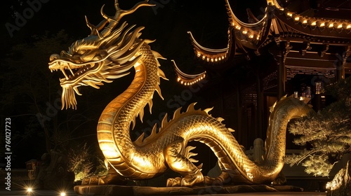 A captivating night scene featuring a grand, illuminated dragon sculpture set against a traditional Asian temple architecture