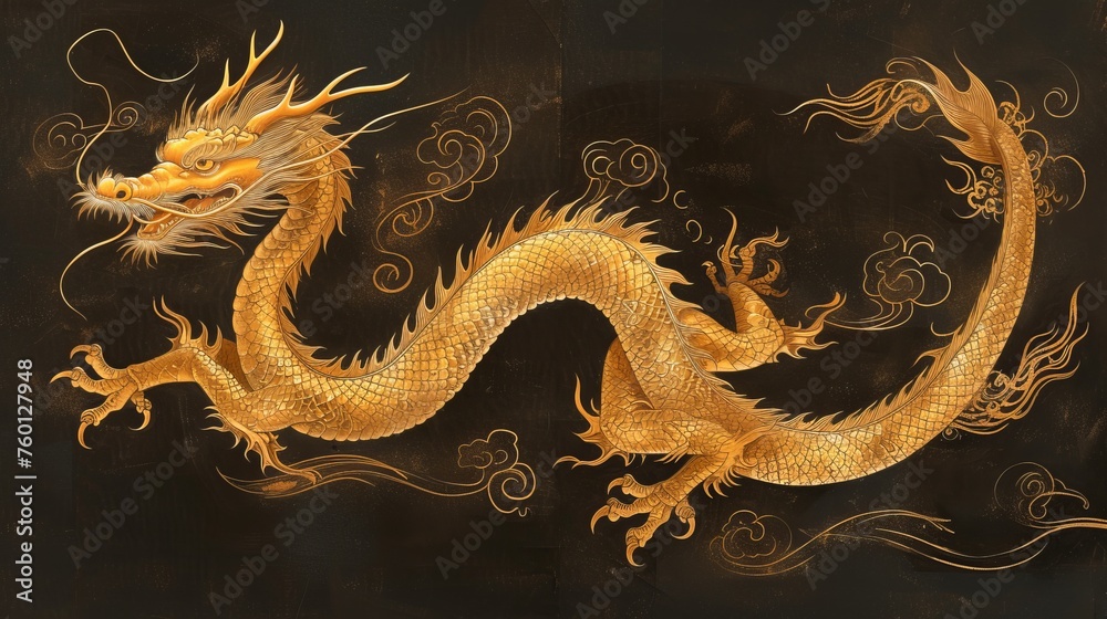 Fototapeta premium A stunning digital artwork of a golden Chinese dragon against a dark backdrop, symbolizing power and wisdom