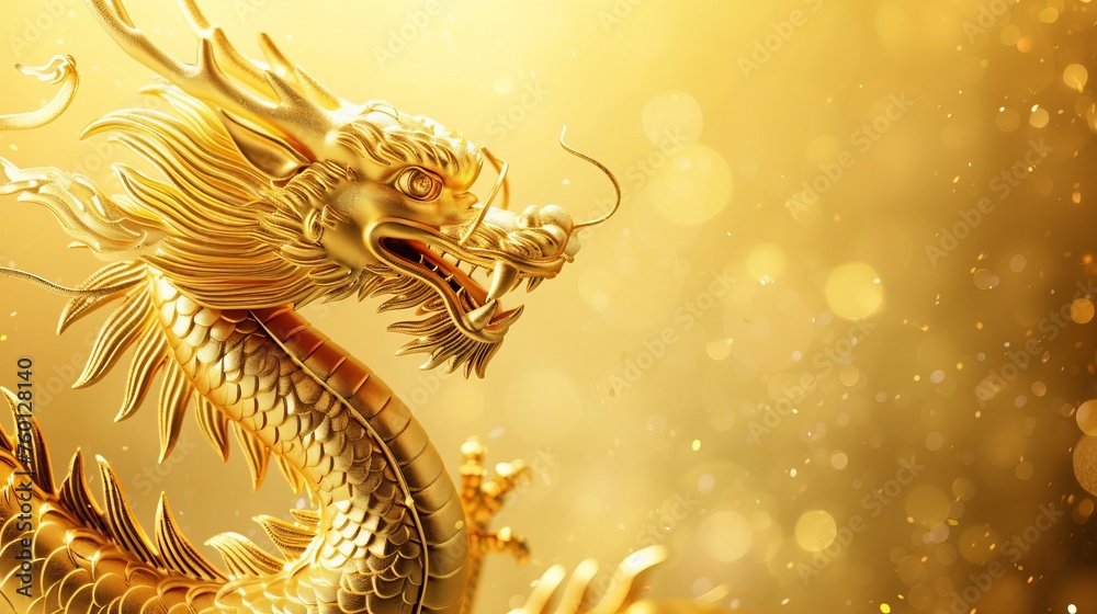 An intricate golden dragon with a snarl among sparkling golden lights, symbolizing power and wealth
