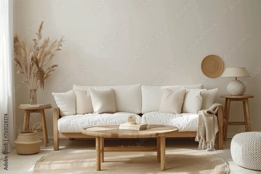 Cozy living room interior with knitted blanket on comfortable sofa Cozy living room interior with knitted blanket on comfortable sofa