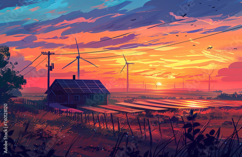 Wind turbines and solar panels in the field against a sunset background