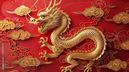 A striking 3D golden dragon on red with floral patterns, evoking traditional Chinese luck and joy
