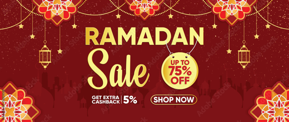 Ramadan Kareem Sale, Ramadan Sale Banner with Golden Text and Islamic Ornaments On Red Background - Greeting Card, Promotion Poster, Web Header and Banner Luxury Design, Vector Illustration