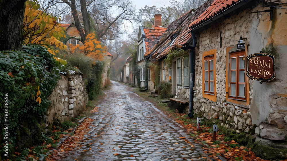 A picturesque cobblestone street lined with historic buildings in an enchanting European village, Quaint cobblestone street in a historic town, AI Generated