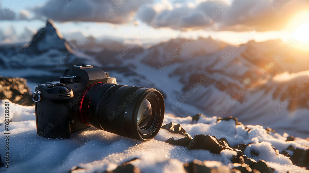 Closeup shot of dslr mirrorless camera on snow and ice with mountains in background, technology wallpaper, photo lens
