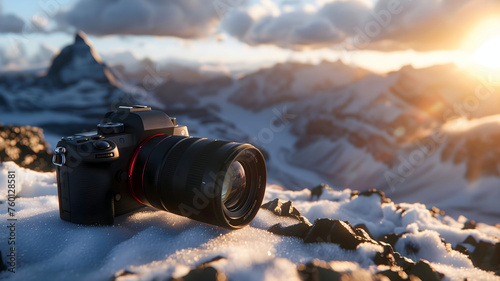 Closeup shot of dslr mirrorless camera on snow and ice with mountains in background, technology wallpaper, photo lens photo