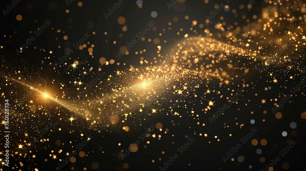 This image captures the motion of sweeping golden particles across a pitch-black background, representing dynamic movement and fluidity This image captures the motion of sweeping golden particles across a pitch-black background, representing dynamic movement and fluidity