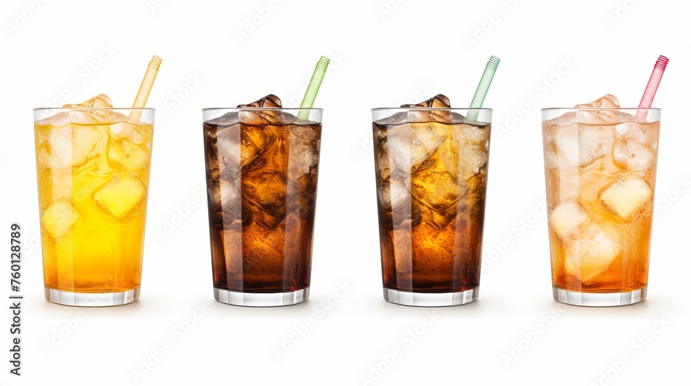 A set of four tall glasses filled with iced beverages, each with a different colored straw isolated on white A set of four tall glasses filled with iced beverages, each with a different colored straw isolated on white