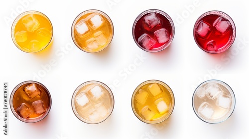 An array of colorful iced beverages shot from above, showcasing a range of refreshments