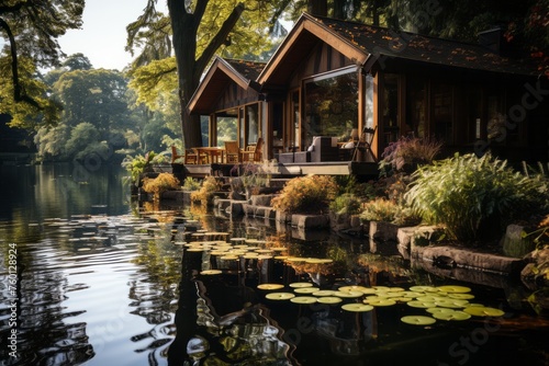 Cabins on lake shore amidst trees, blending with nature