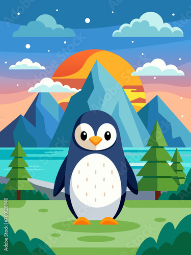 A penguin waddles across a desolate icy landscape, its black and white feathers contrasting with the snowy surroundings.