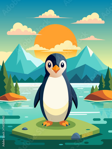 A majestic penguin colony perched on snow-covered ice amidst a breathtaking mountainous backdrop.