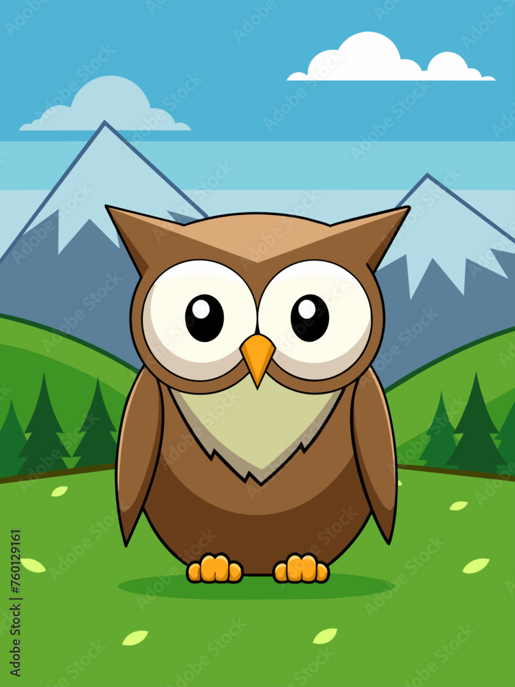 An adorable owl sits perched on a branch against a picturesque natural backdrop, its big eyes and fluffy feathers adding a touch of charm to the idyllic scene.