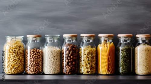 A continuous line of various food ingredients in glass jars against a dark background, emphasizing modern storage solutions