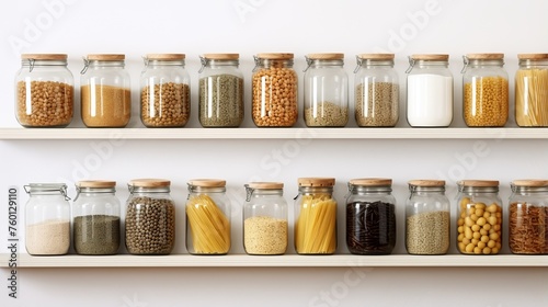 Shelves filled with neatly arranged clear glass jars containing different types of dry food ingredients, reflecting effective pantry organization photo