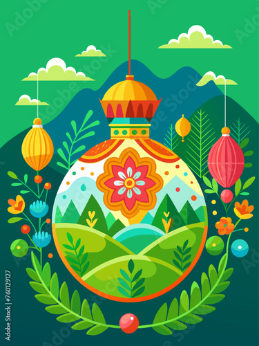 An intricate and elegant ornament vector adds a touch of sophistication to the serene landscape background.