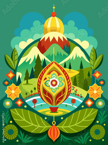 An intricate and elegant ornament vector adds a touch of sophistication to the serene landscape background.