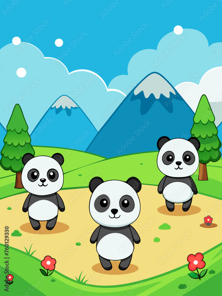 Naklejka premium Tranquil pandas rest amidst a serene landscape of lush greenery and cascading waterfalls.
