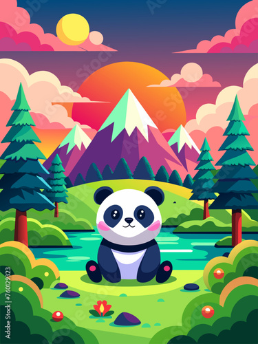 A giant panda lounges on a lush green hillside  surrounded by towering bamboo and distant mountains.