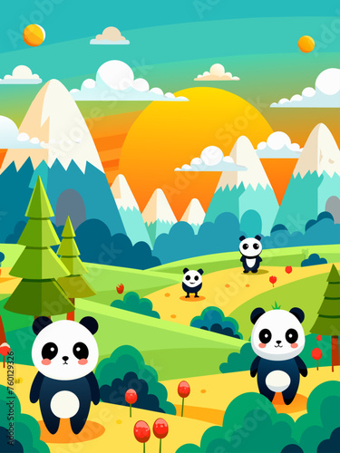 A serene landscape featuring a field of pandas amidst a rolling green background.