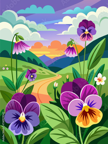 Pansy flowers bloom in abundance against a serene vector landscape backdrop.