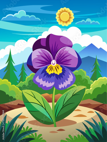 Pansy flowers bloom in abundance against a serene vector landscape backdrop.