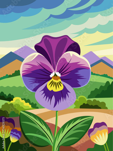 Pansy flowers bloom in abundance against a serene vector landscape backdrop.