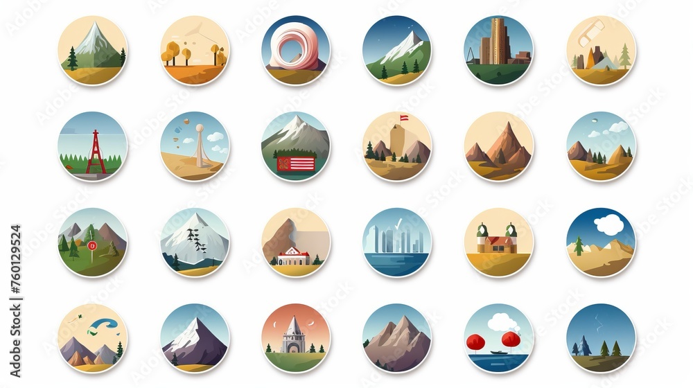 A collection of circular icons each depicting a different travel and nature theme with beautiful scenes A collection of circular icons each depicting a different travel and nature theme with beautiful scenes