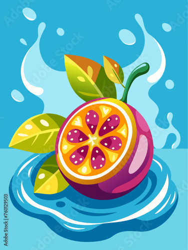 Ripe passion fruit floating in clear water with a blurred background.