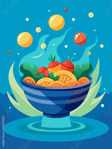 The pasta is in the bowl on top of the water in a food shoot.
