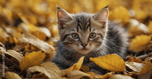 Cute kitten having fun in a pile of yellow autumn leaves