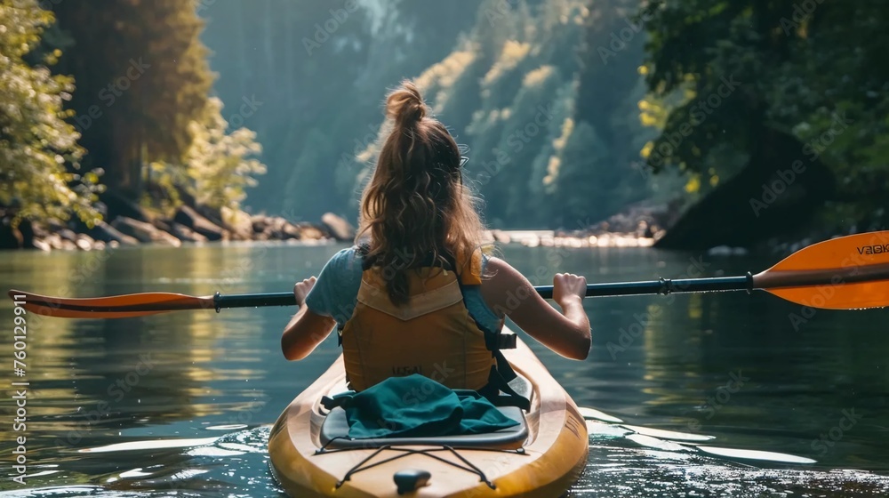 Woman kayaking, view from the back
