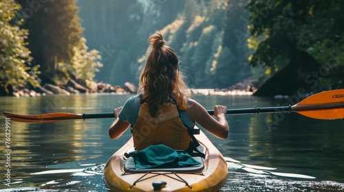 Obraz na płótnie Woman kayaking, view from the back w salonie