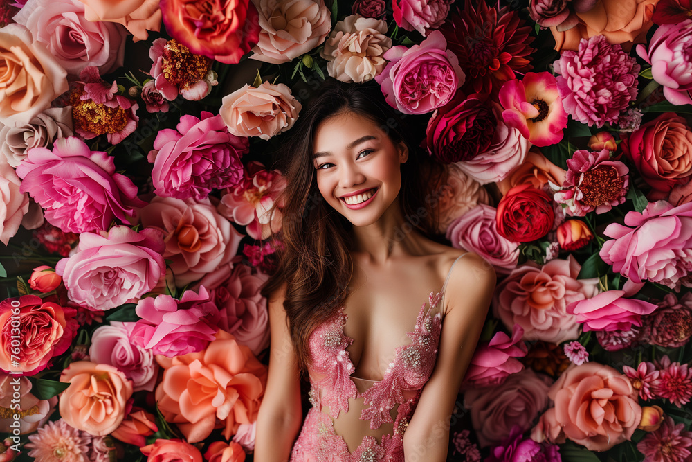 Asian Brunette Woman Model in Dress in front of Flower Wall with Roses (Bouquet / Valentine Day / Wedding) Asian Brunette Woman Model in Dress in front of Flower Wall with Roses (Bouquet / Valentine Day / Wedding)