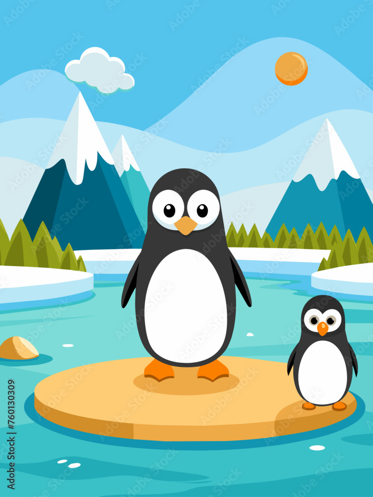 Obraz premium Cute cartoon penguins huddle together on an icy landscape with a calm blue ocean in the background.