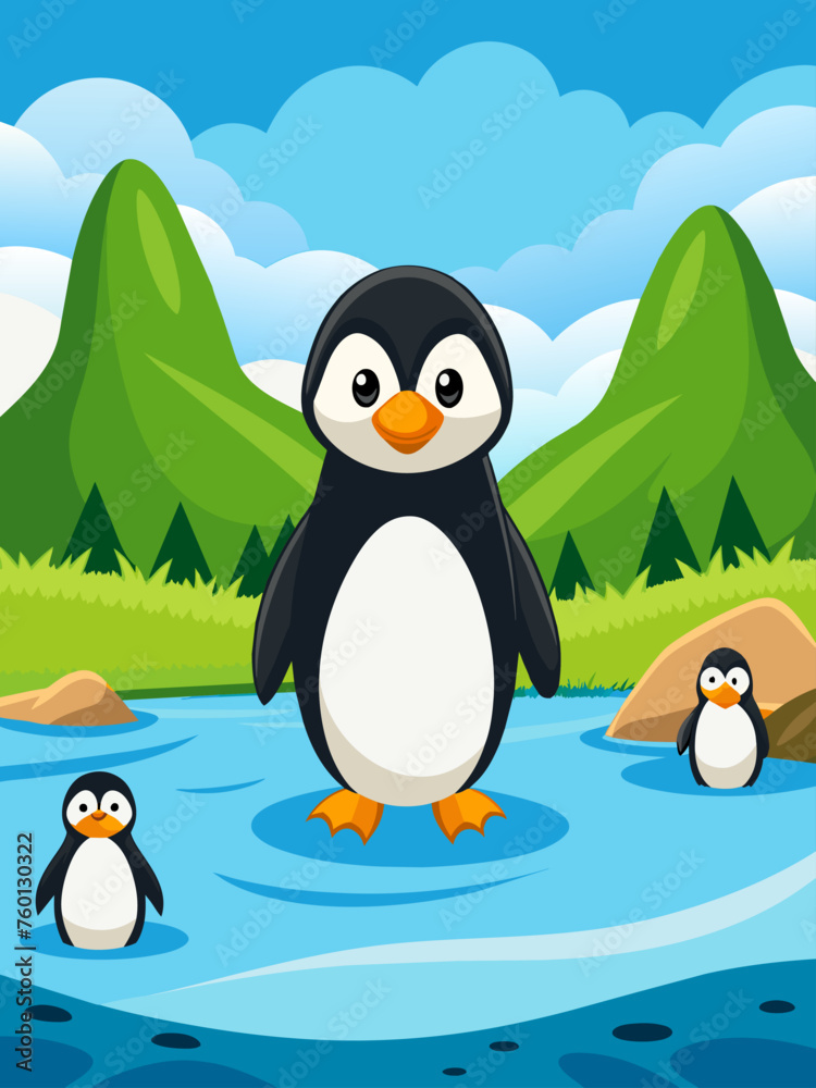 Naklejka premium Penguins stand on the shore of a calm, clear lake against a backdrop of mountains.