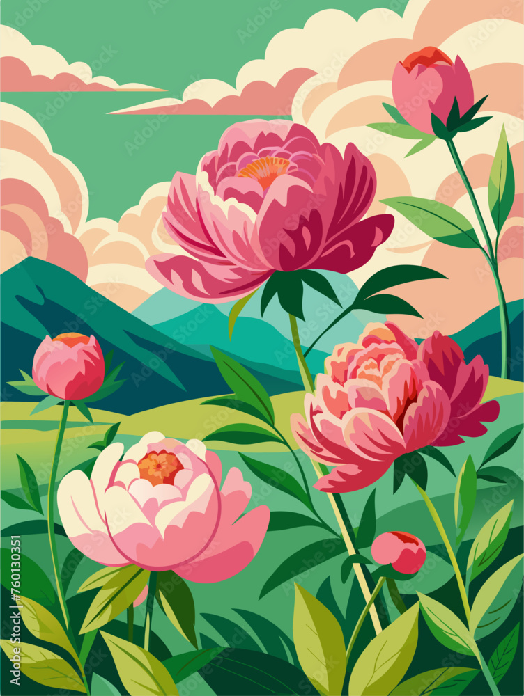 A peaceful and serene vector landscape background with blooming peonies in the foreground. A peaceful and serene vector landscape background with blooming peonies in the foreground.