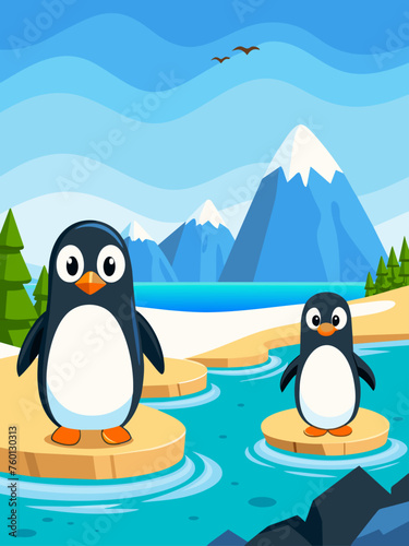 Penguins waddle and swim in a tranquil water landscape adorned with green hills and a blue sky.