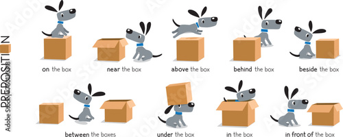 Preposition of place set. Dog and the boxes